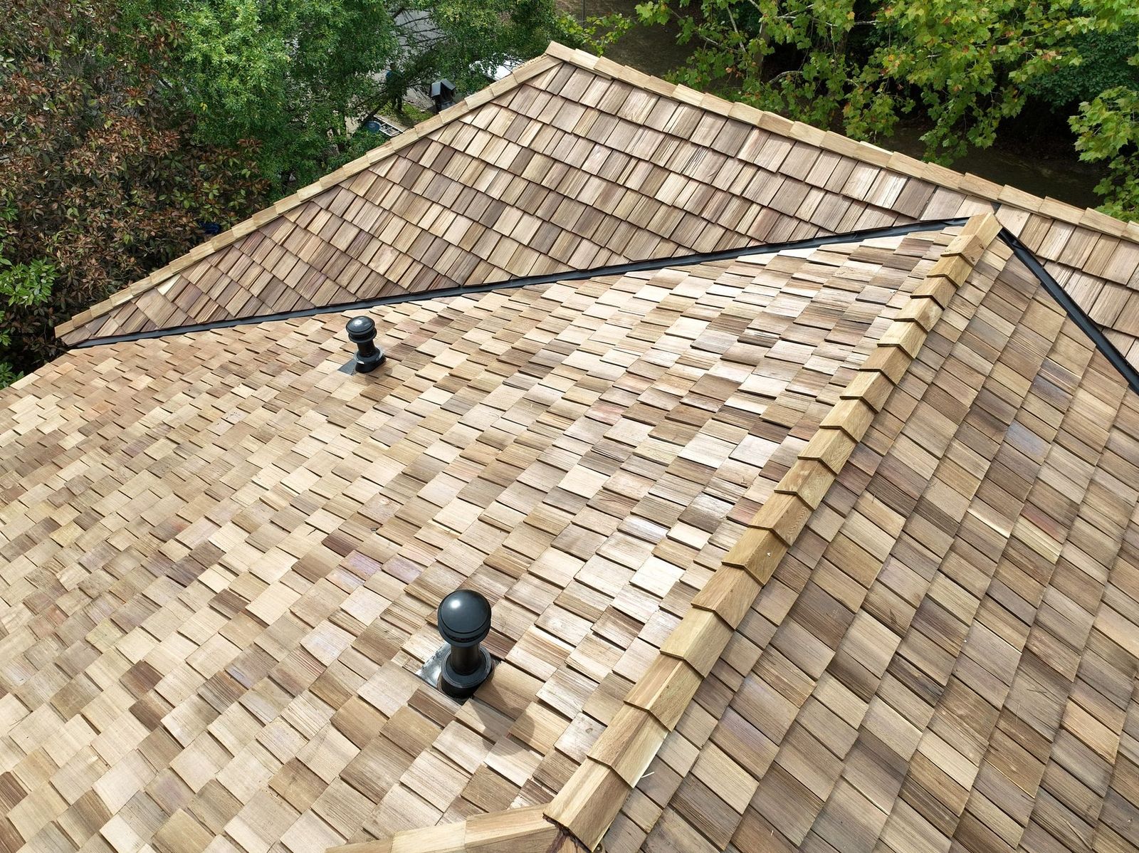 Cedar shake roof with ridge detail from the Hopewell project gallery