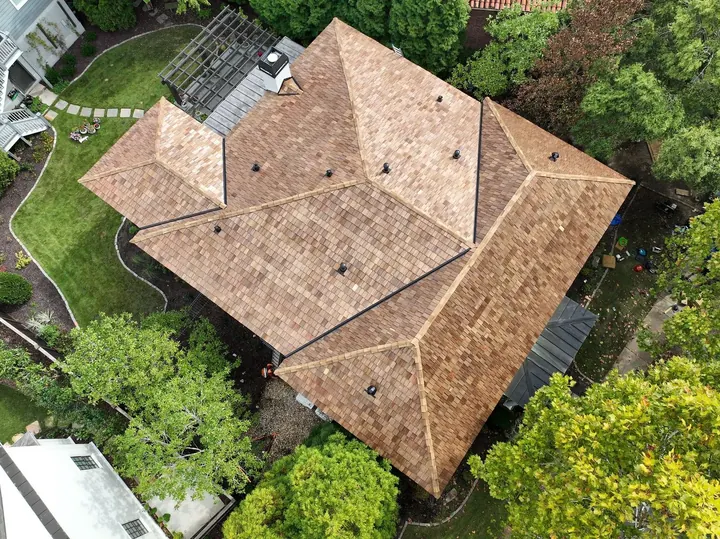 Aerial view of cedar shake roof replacement