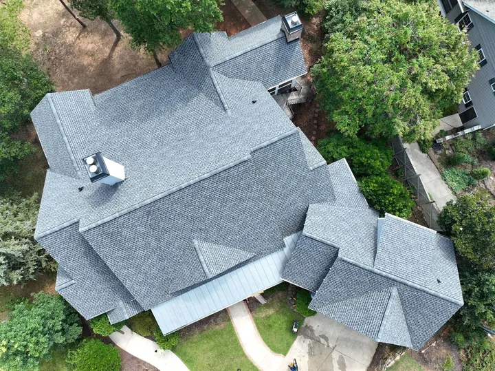 Aerial view of Pewter Gray architectural shingle roof