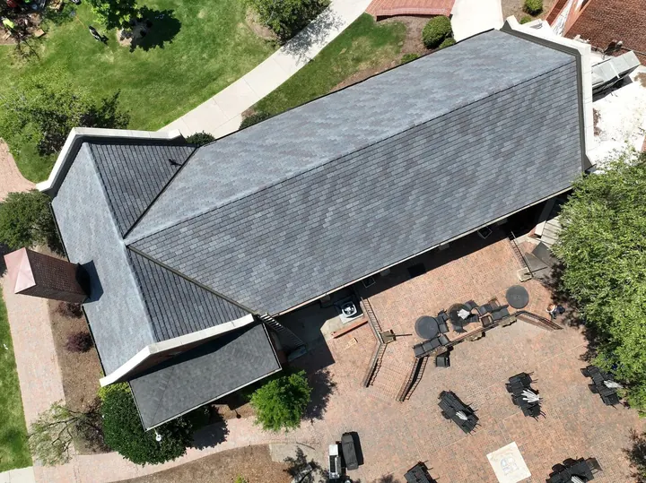 Synthetic slate roof aerial view