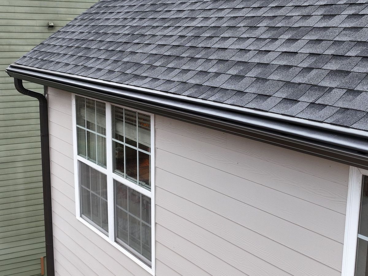 Dark gutters and gutter protection on a shingle-roof home